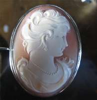 Beautiful Carnelian hand carved shell marked by artist trademark Silver with Gold rope brooch/pendant
