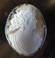 Rare Russian circa 1905 shell carved woman in Russian “kokoshnick” Unmarked Silver Filigree Brooch