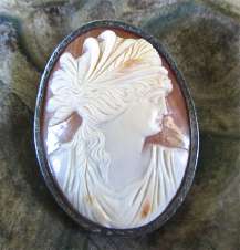 Huge French Antique Carnelian shell Goddess Ceres circa 1885 Unmarked fancy Silver Brooch. Signed by the Artist