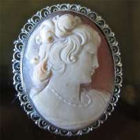 Nice carved carnelian shell image of girl circa 1935 Filigree marked 800 Silver Brooch/Pendant