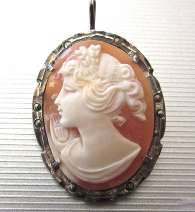 Italian superiorly hand carved Goddess Diana Carnelian shell circa 1945 Marquisette Vermeil marked 925 Silver Sterling brooch/pendant