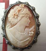 Large hand carved Carnelian shell Filigree Marquisette Silver brooch/pendant