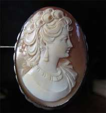 Late Edwardian Carnelian Shell Classic marked 925 Silver Sterling big Brooch/Pendant.