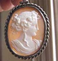Quality Victorian Sardonyx shell Greek Neo-classic style woman unmarked Silver “twisted rope” Pendant circa 1885.