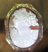 Edwardian beauty circa 1915 - carved Carnelian shell Etched unmarked Silver/Vermeil Brooch.