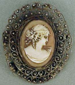 Stunning Antique profiled cameo lady full face curls brooch pendant “800” silver. Carved Shell Classic