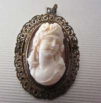 Superiorly carved Sardonyx shell image of girl circa 1875 Filigree marked 800 Vermeil Silver Brooch/Pendant