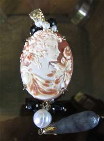 Georges Italian 3 color hand carved carnelian shell Pendant In marked 925 Sterling Silver with 750 Gold and Grey Chalcedony, pearls, ext. .