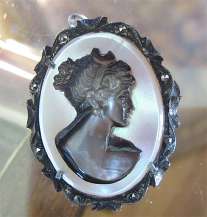 Superiorly carved Black on light Mother Pearl Shell Diana Goddess Marked 800 Silver marquisette Brooch/Pendant