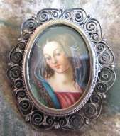 Circa 1930th Italian masterly hand painted Madonna Marked 800 Silver filigree Brooch/Pendant