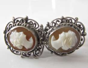 Vintage circa 1940 hand carved Italian shell Marked 800 Silver Filigree Earrings