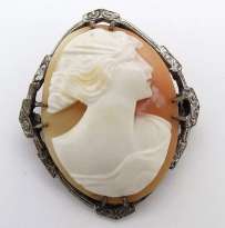 Edwardian/Georgian Greek Goddess Psycho - hand carved shell Circa 1910 Art Deco unmarked Silver Brooch