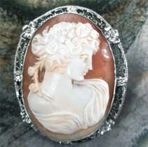 Remarkable Art Nouveau style Carnelian shell carved circa 1915 Unmarked filigree Silver/Zinc Brooch.