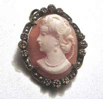 Masterly carved Carnelian shell beauty from 1930-1940. Signed. Unmarked Highly Decorated Silver Marcasite Brooch/Pendant