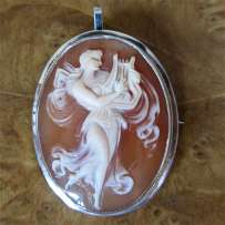 Dancing with lyra, Greek Goddess Psycho - Art Deco style hand carved Carnelian shell in the Silver Brooch/Pendant