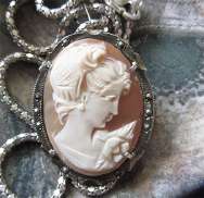 Italian hand carved shell in marked 800 marcasite Brooch/Pendant with Gold rope & Italian 925 Sterling silver chain