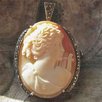 Edwardian, circa 1910 Sterling Silver 900 Marcasite Hand Carved Cameo Brooch/Pendant
