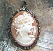 Muse - Carnelian shell carved by Italian Artist Marcasite Silver Brooch/Pendant.