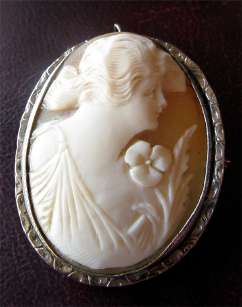 Flying Hair Ladies Cameo portrait in unmarked Silver(?) Carnelian Shell Cameo Pin Pendant. Art Nouveau Style. Circa 1910