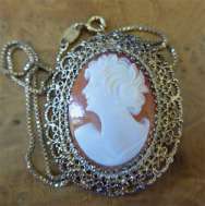 Hand carved shell marked Vermeil STERLING filigree Brooch/Pendant Marked 925 Italian Sterling silver chain. Signed by the Artist