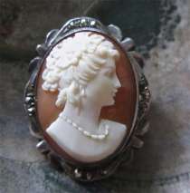 Superiorly carved Carnelian classy profile from 1930th Marked 800 Silver marcasite pendant/brooch