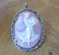 Mythological scene Goddess Psyche Carnelian Shell Marked 800 Silver marcasite pendant/brooch