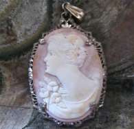 Circa 1920 hand carved light carnelian shell Filigree unmarked Sterling Silver Pendant