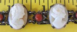 100 y. o. Art Deco 6 carved Antique shell portraits Silver with red Coral bracelet