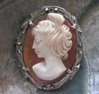 Italian hand carved shell image of petite young girl Marked 800 marcasite Silver Brooch/Pendant