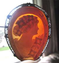“Good Luck” horseshoe shape huge well carved vintage Carnelian shell Unmarked filigree Silver or White Gold Brooch