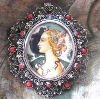 Hand painted miniature, Simonetta Vespucci as Cleopatra Marked 800 Silver filigree Brooch/Pendant with Red Corals