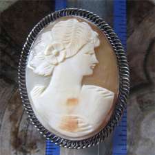 Vintage Sterling Carved Shell Cameo Lady with Feathers/Flowers Big Brooch/Pin circa 1930