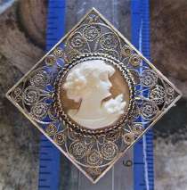 Diamond shape Filigree Silver with vermeil cover Brooch/Pendant. Nicely carved shell - portrait of young woman circa 1930