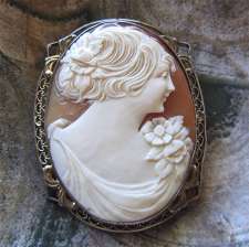 Well carved Vintage Shell Lady with flowers circa 1930 Big Vermeil Silver (some gold is lost) Brooch/Pin