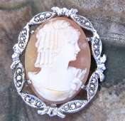 Italian hand carved shell image of petite young girl Marcasite Sterling Silver Brooch circa 1940