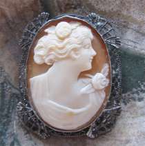 Filigree Blackened Silver Brooch/Pendant Circa 1930. Art Nouveau Superiorly hand carved shell