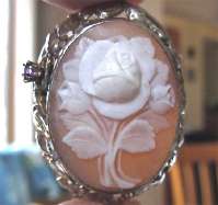 Vintage High Relief and Quality Sardonyx Shell image of Rose bouquet Silver Brooch with Amethyst accent & unique rose decorated frame