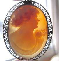 Superiorly carved 3 colors vintage Carnelian shell portrait of woman Unmarked filigree blackened Silver Brooch/Pendant from 1930th