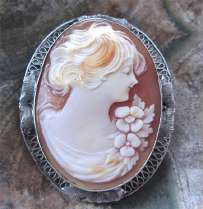 Great 3 colors vintage shell portrait of young woman Filigree Silver Pendant/Brooch from 1930th.