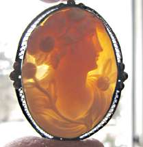 Art Nouveau blackened filigree Silver Brooch/Pendant circa 1930 Superiorly hand carved sea shell depicts the goddess Flora.