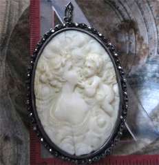 Huge finely crafted boone depict woman (Venus?) & cupped set in Blackened Silver Marquisette filigree Pendant