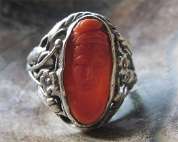 Ring size 6 Art Nouveau Red Coral image of young girl Amazing Filigree Silver floral circa 1910