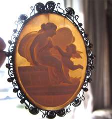 Carved Quality vintage shell - Venus & Cupid with mirror Filigree 800 Silver pendant/brooch circa 1925.
