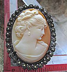 Amazing darkened Silver Marcasite Cameo Brooch Well hand carved conch shell circa 1940-1950.