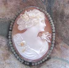 Dark Silver Classic Cameo Brooch with pearls, circa 1915-1925. Well hand carved Conch shell. Signed by the Artist