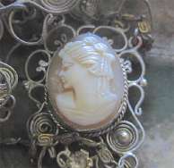 Silver Vintage Pendant with rhinestones & hand carved cameo Silver or silver plated filigree circa 1930 19” long