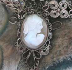 Vintage hand carved cameo Pendant with violet sapphire & Silver or silver plated filigree circa 1920 16” long necklace