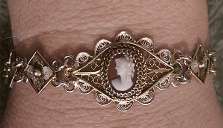 Vintage hand carved cameo Bracelet circa 1920 800 Silver/Gold plated filigree 7.5” long