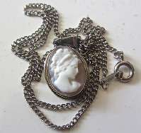 Silver Vintage Pendant with the chain and hand carved cameo 925 Silver circa 1930 pendant & 16” chain” long