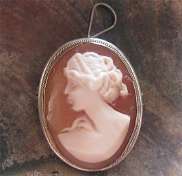 Italian hand carved petit shell circa 1950 - 1960 girl profile 800 Sterling Silver (Gold chain around) Brooch/Pendant